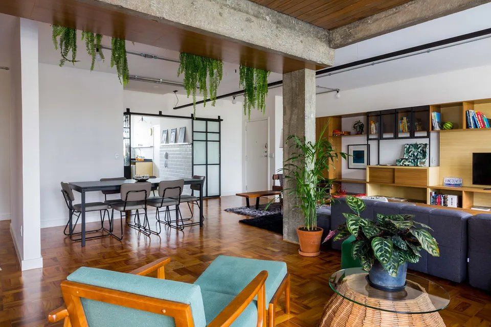 Uma sala com sofá, cadeiras, mesa e planta.