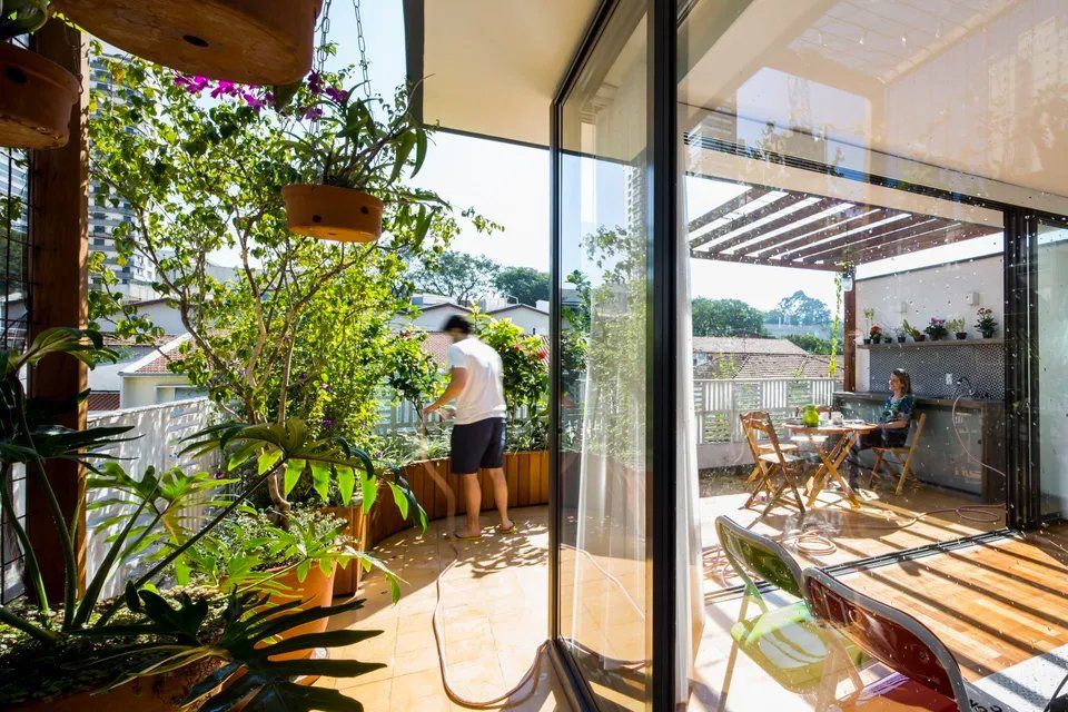 Um homem está parado em uma varanda rodeado de plantas.