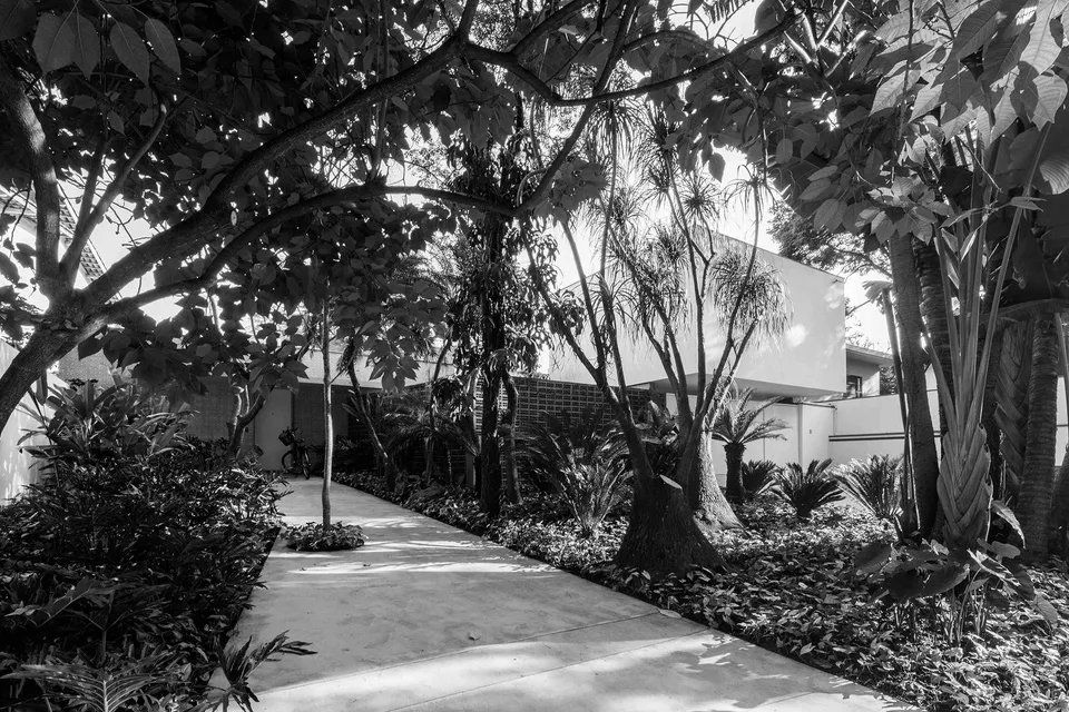 Uma foto em preto e branco de uma casa cercada por árvores