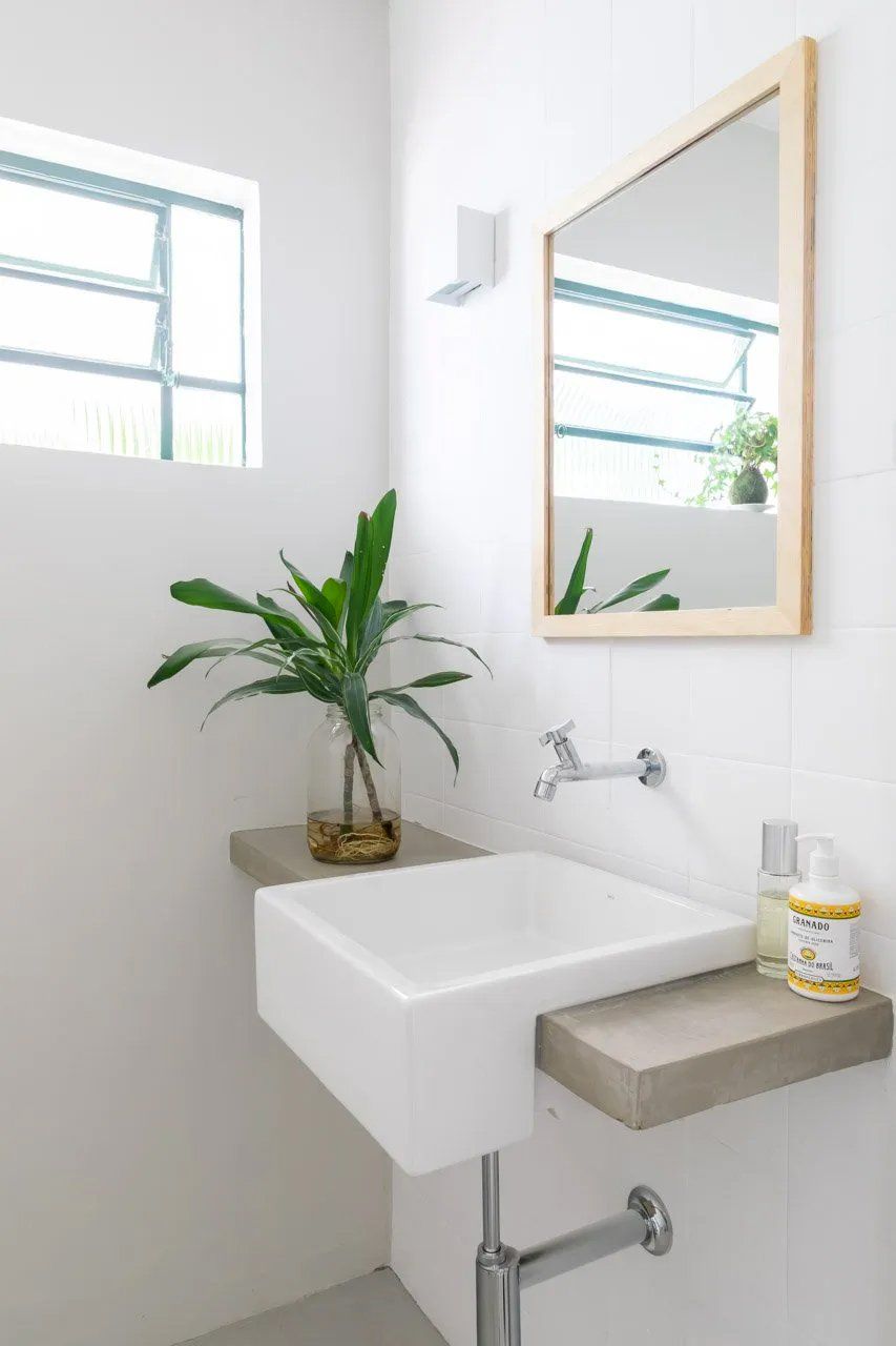 Um banheiro com pia, espelho e planta.