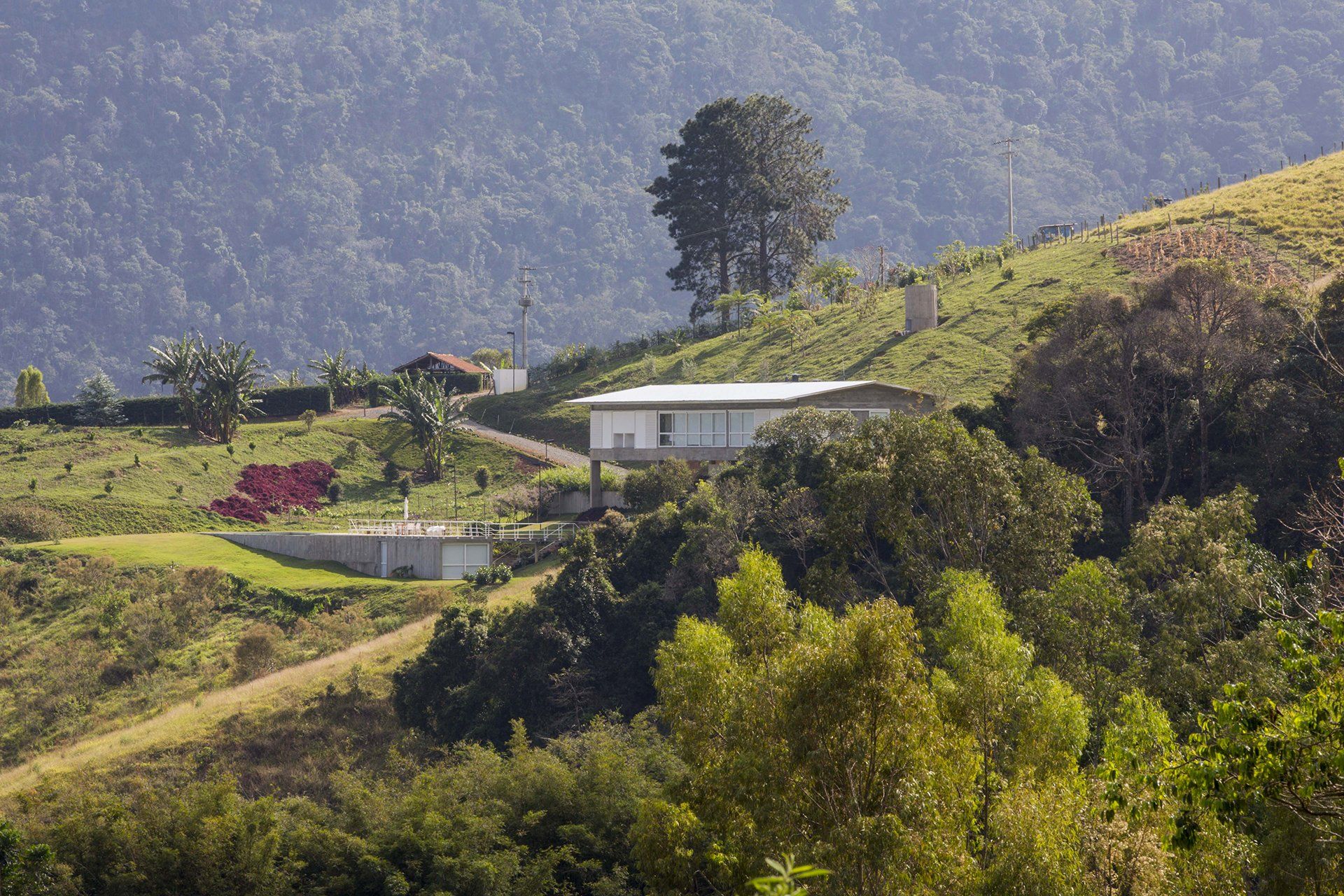Uma casa está situada no topo de uma colina cercada por árvores.