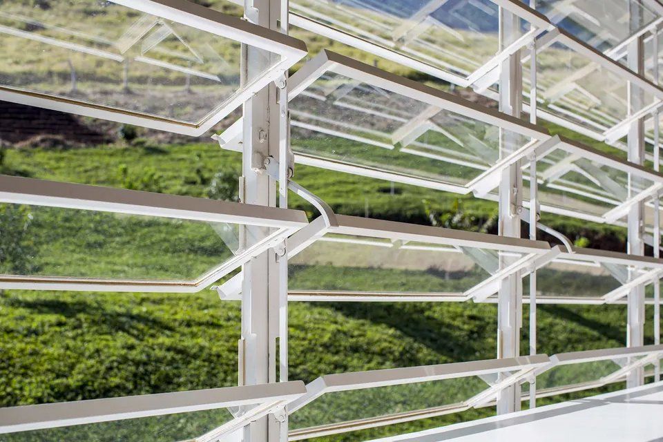 Uma estufa com reflexo de um campo nas janelas.