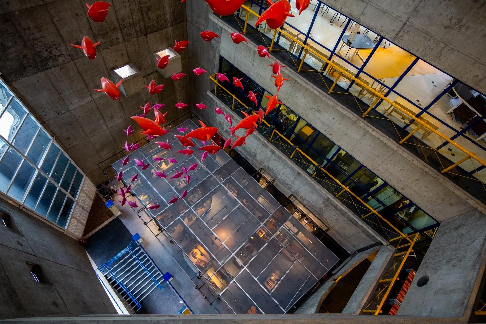 Um bando de peixes vermelhos está pendurado no teto de um prédio