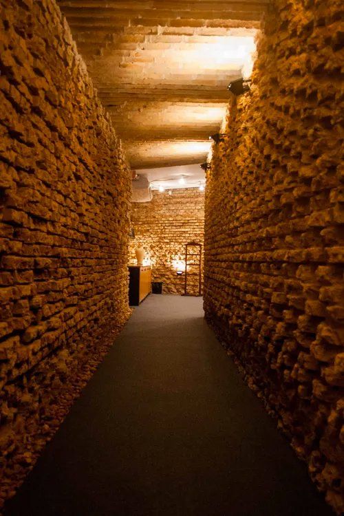 Um longo corredor cheio de paredes de tijolos e piso em carpete.