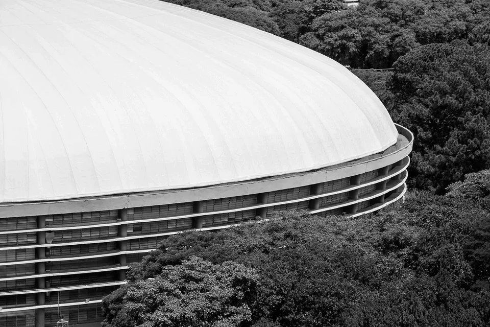 Uma foto em preto e branco de uma cúpula cercada por árvores