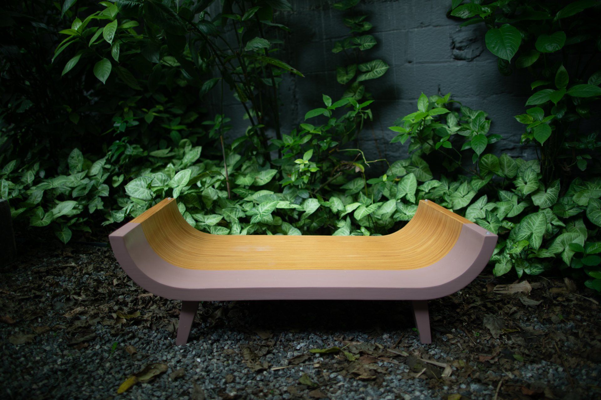 Um banco de madeira está no meio de um jardim cercado por plantas.