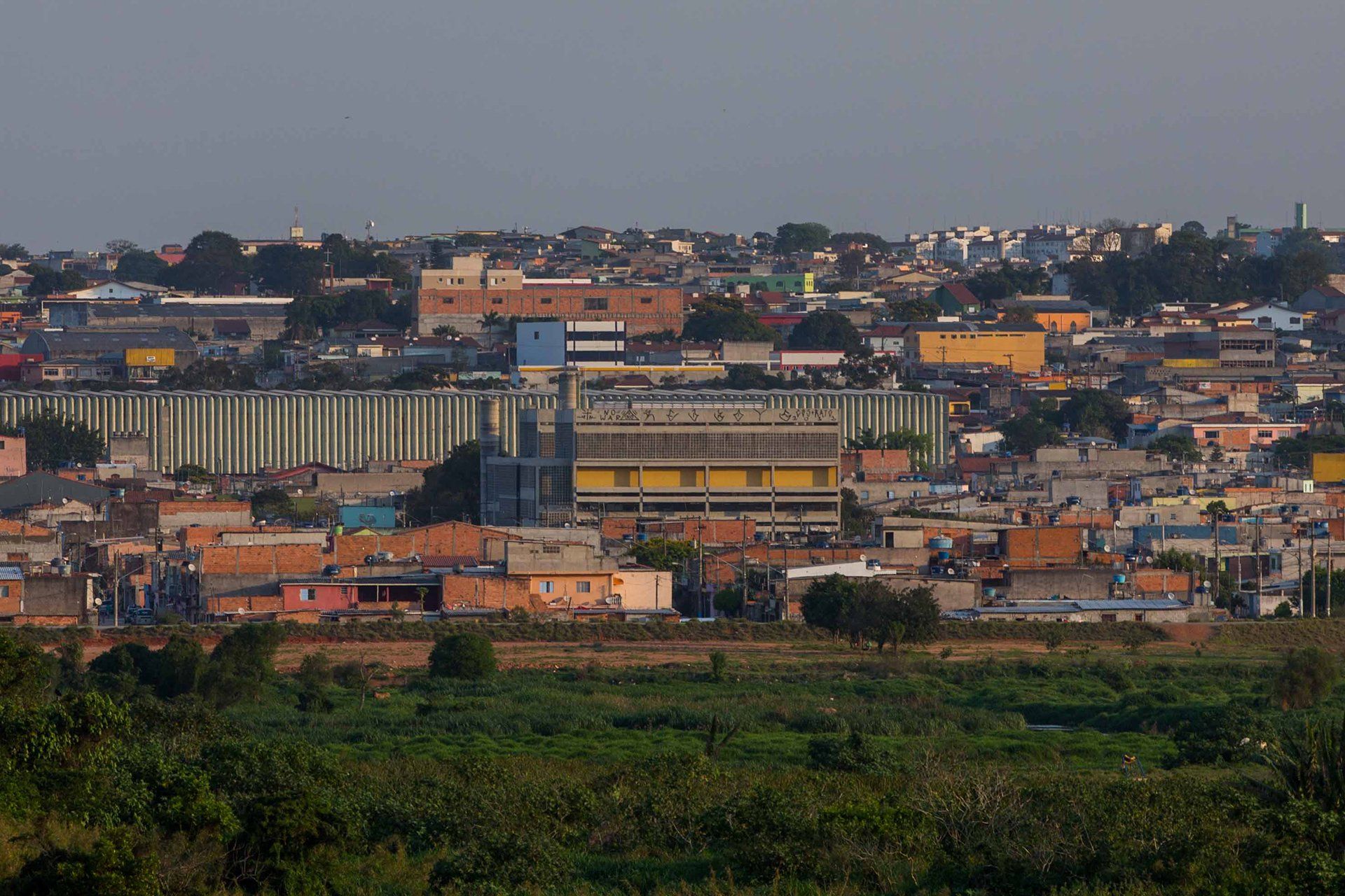 Uma cidade com muitos edifícios e árvores em primeiro plano