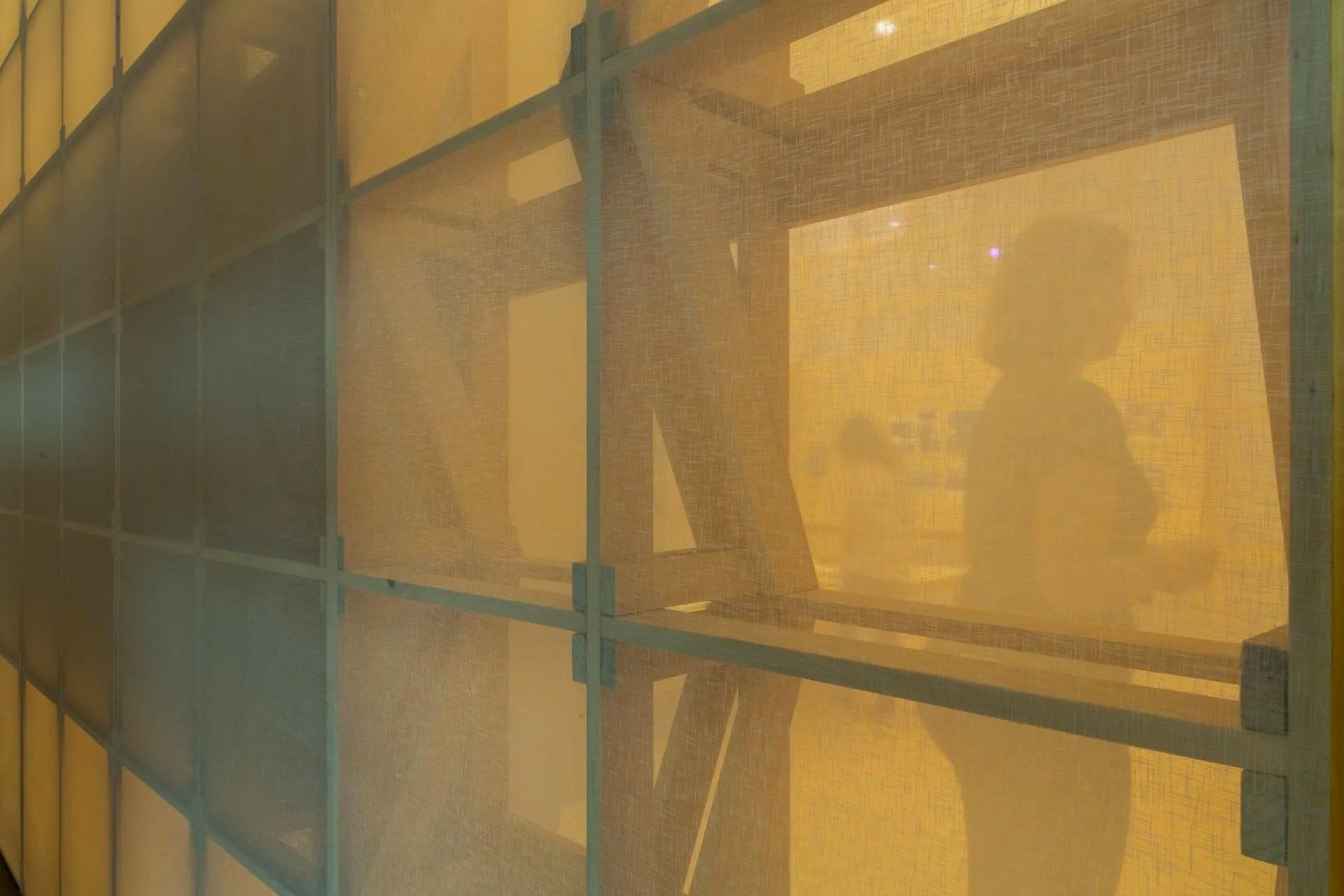 Uma pessoa está parada em frente a uma janela de um prédio.