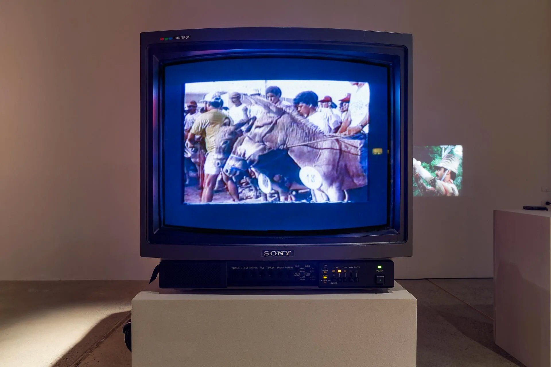 Uma televisão Sony está em cima de um cubo branco.