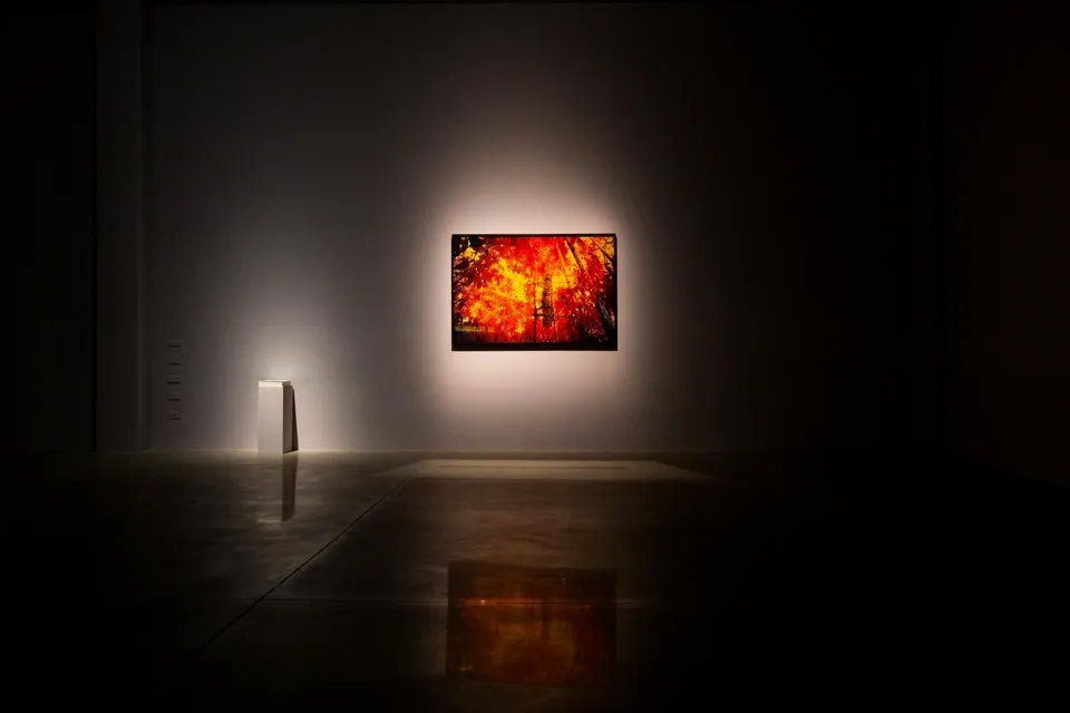 Uma grande pintura está pendurada na parede de um quarto escuro.