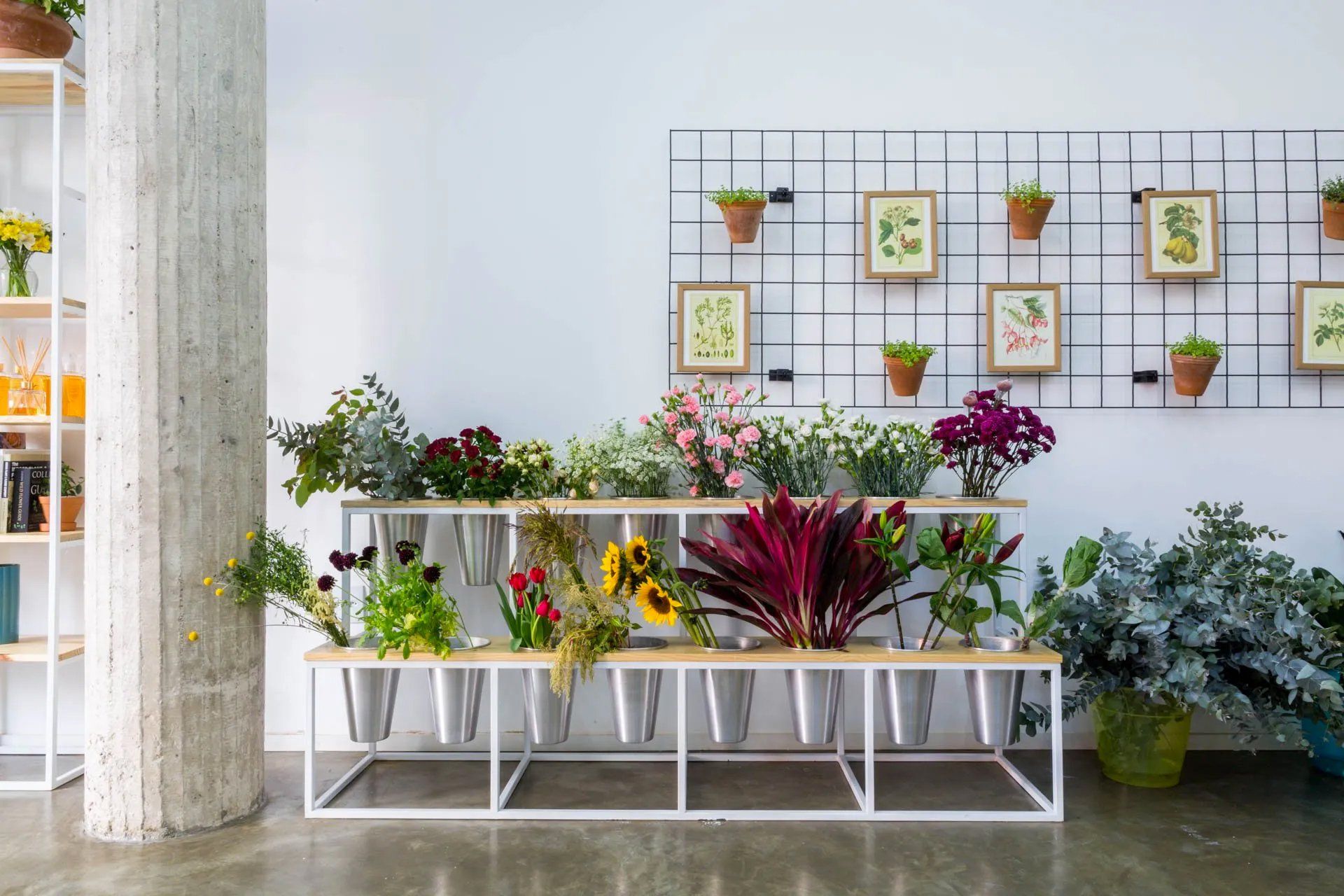 Uma sala cheia de vasos de plantas e flores.