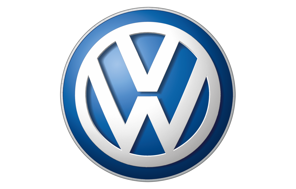 A blue and white volkswagen logo on a white background