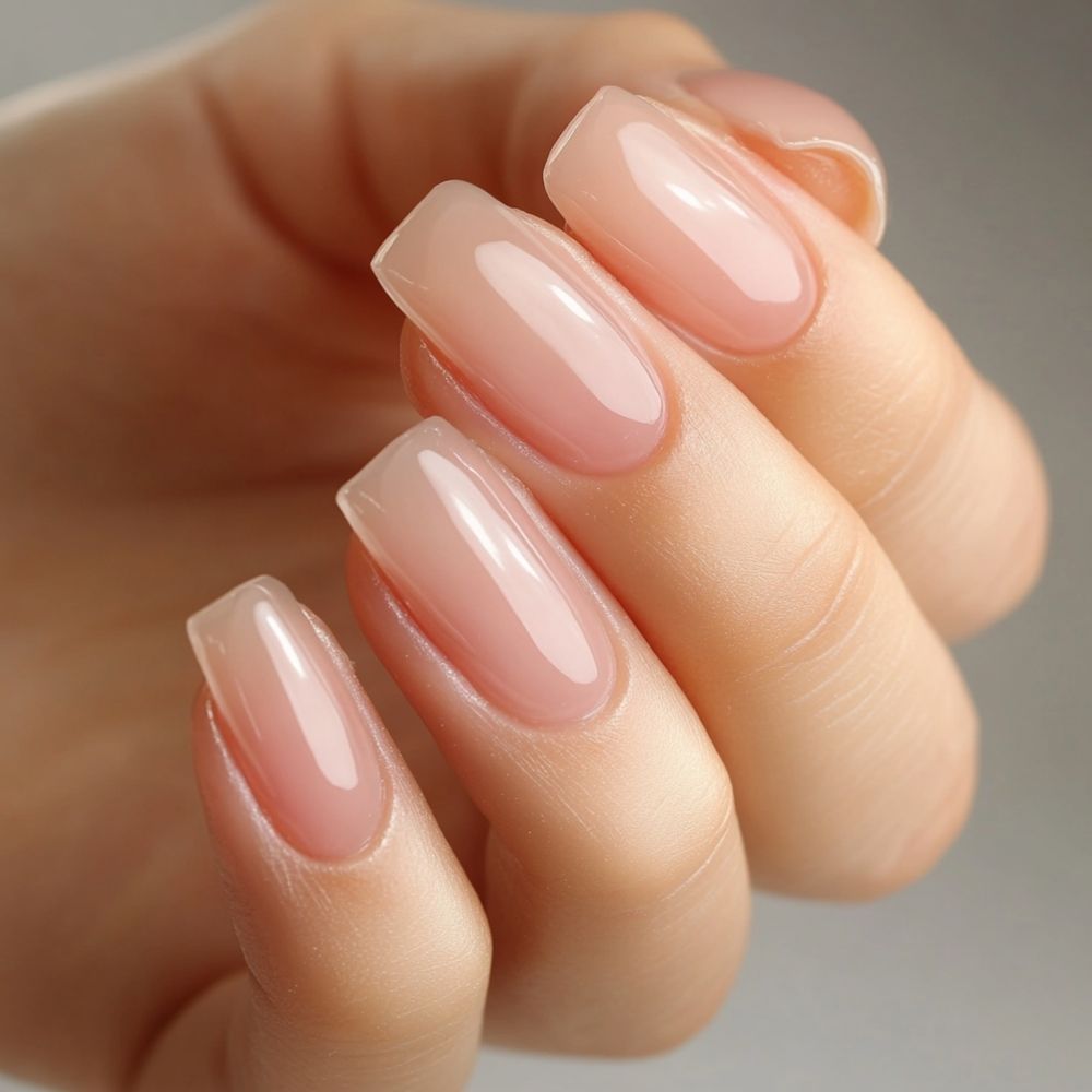 Close-up of hand with glossy pale pink manicured nails