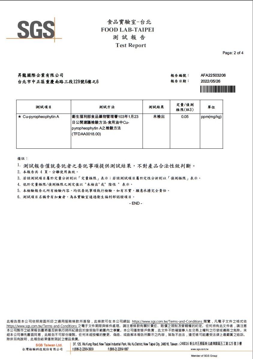 無添加銅葉綠素(色素)造假 SGS檢驗報告