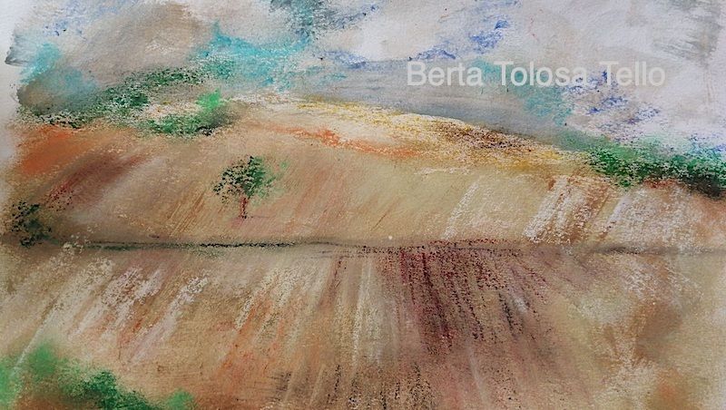 Una pintura de un campo con un árbol en el medio.