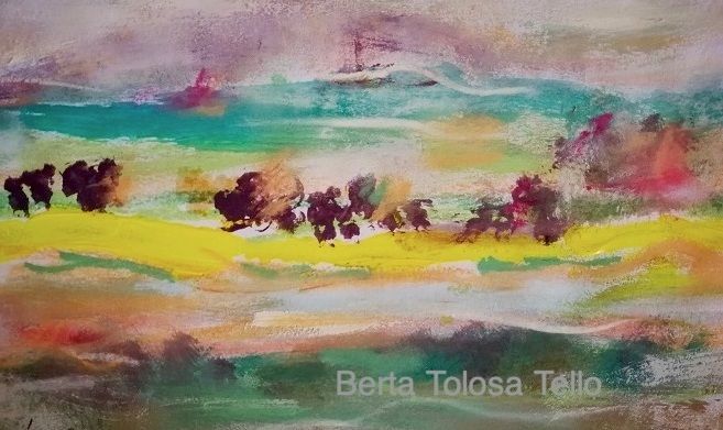 Una pintura colorida de un paisaje con un barco en la distancia.