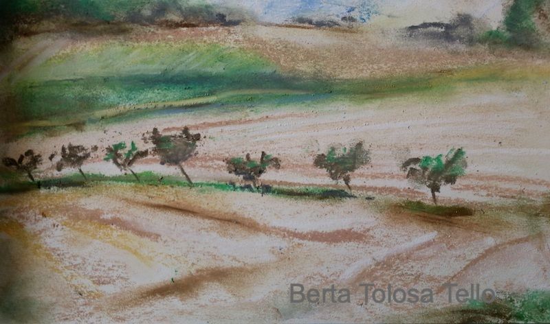 Una pintura de acuarela de árboles en un campo.