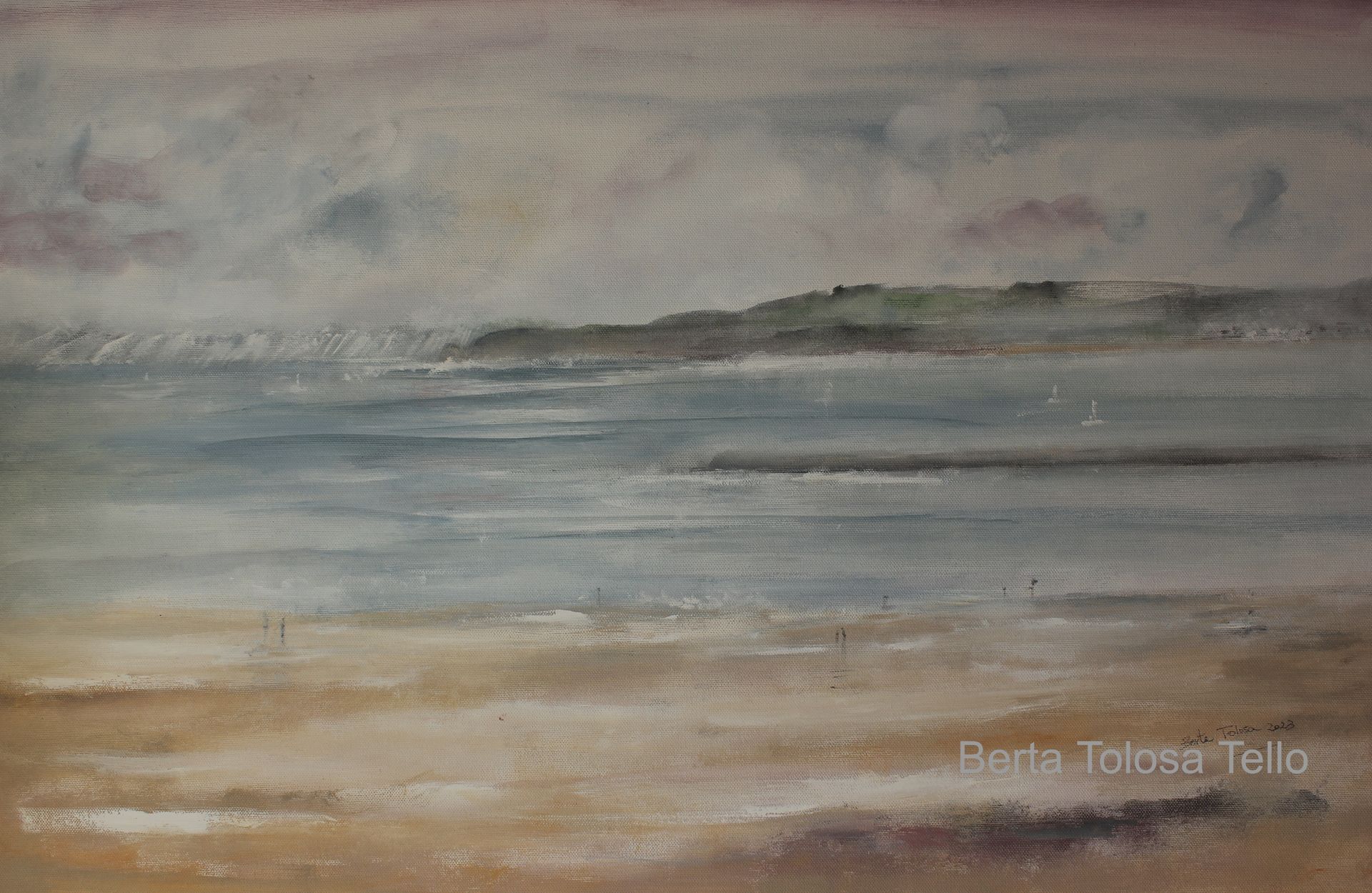 Una pintura de una playa con una pequeña isla en la distancia.