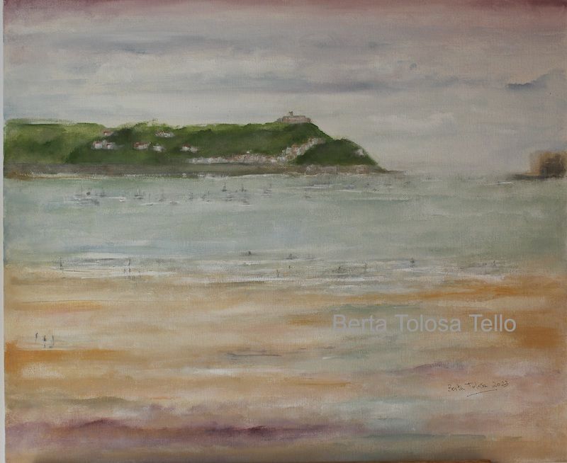 Una pintura de una playa con una pequeña isla en la distancia.