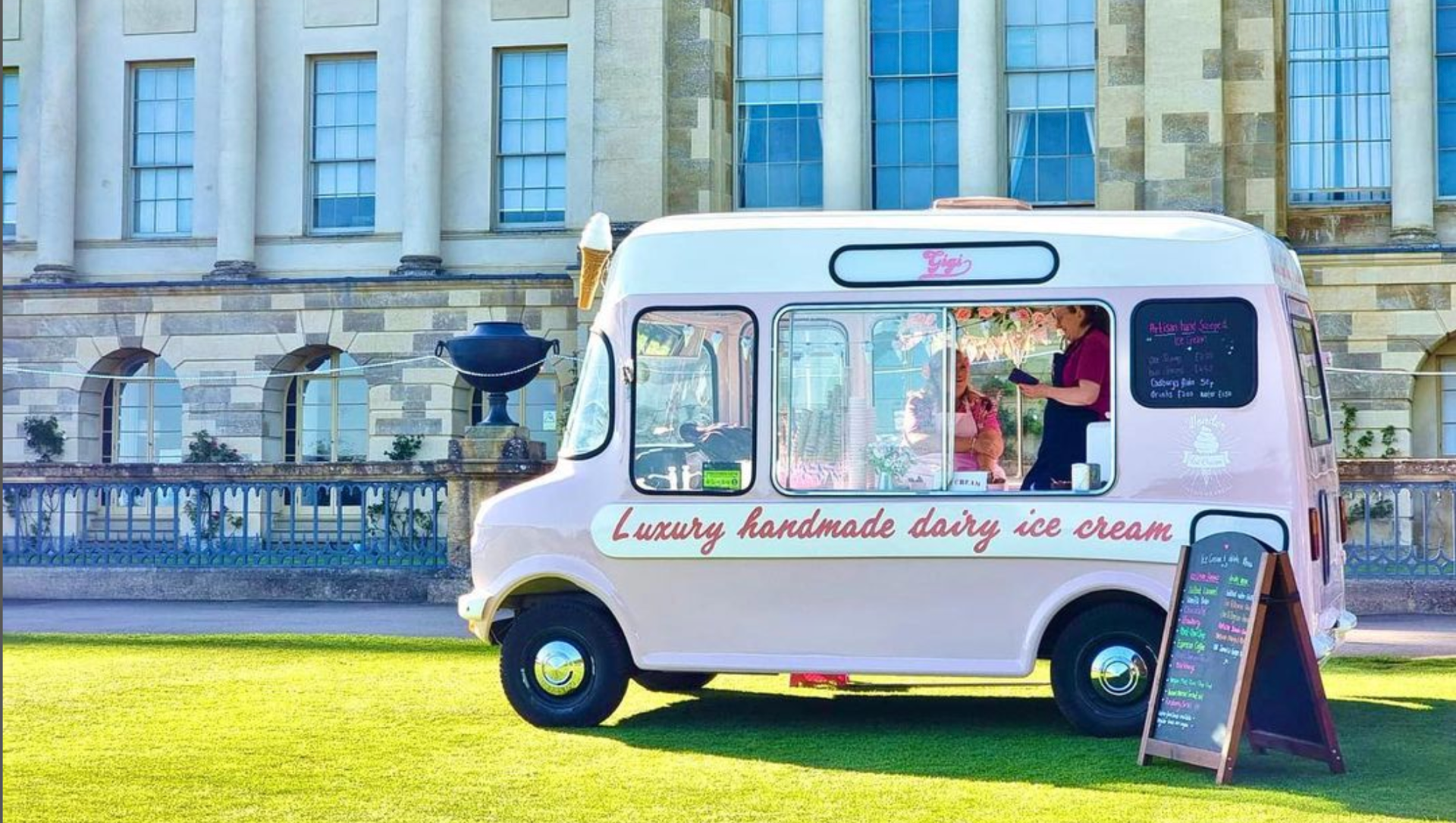 Pink 1970s ice cream van outside country house
