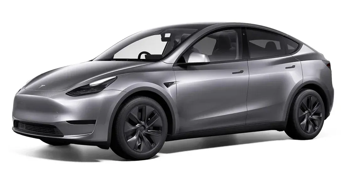 A tesla model y is shown on a white background.