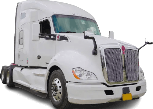 A white semi truck is parked on a white background.