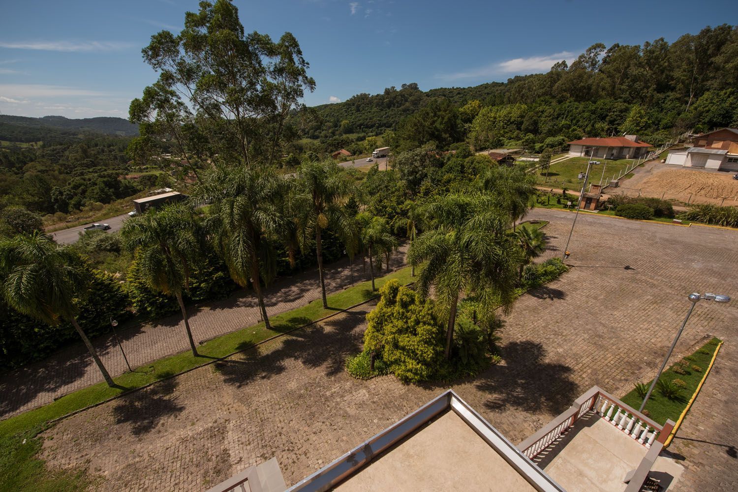 uma vista aérea de um parque com árvores e grama