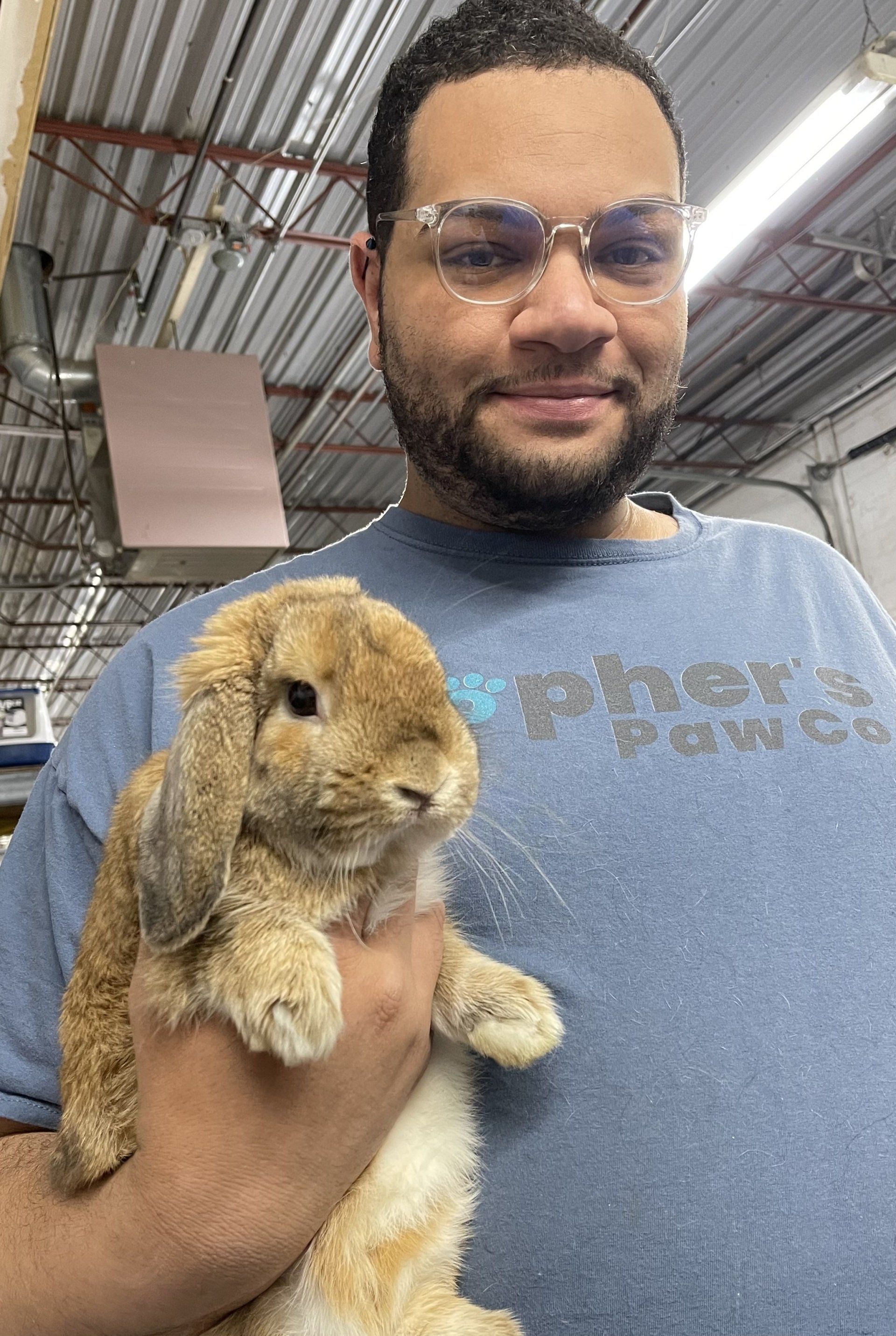 A man is holding a small brown rabbit in his arms.