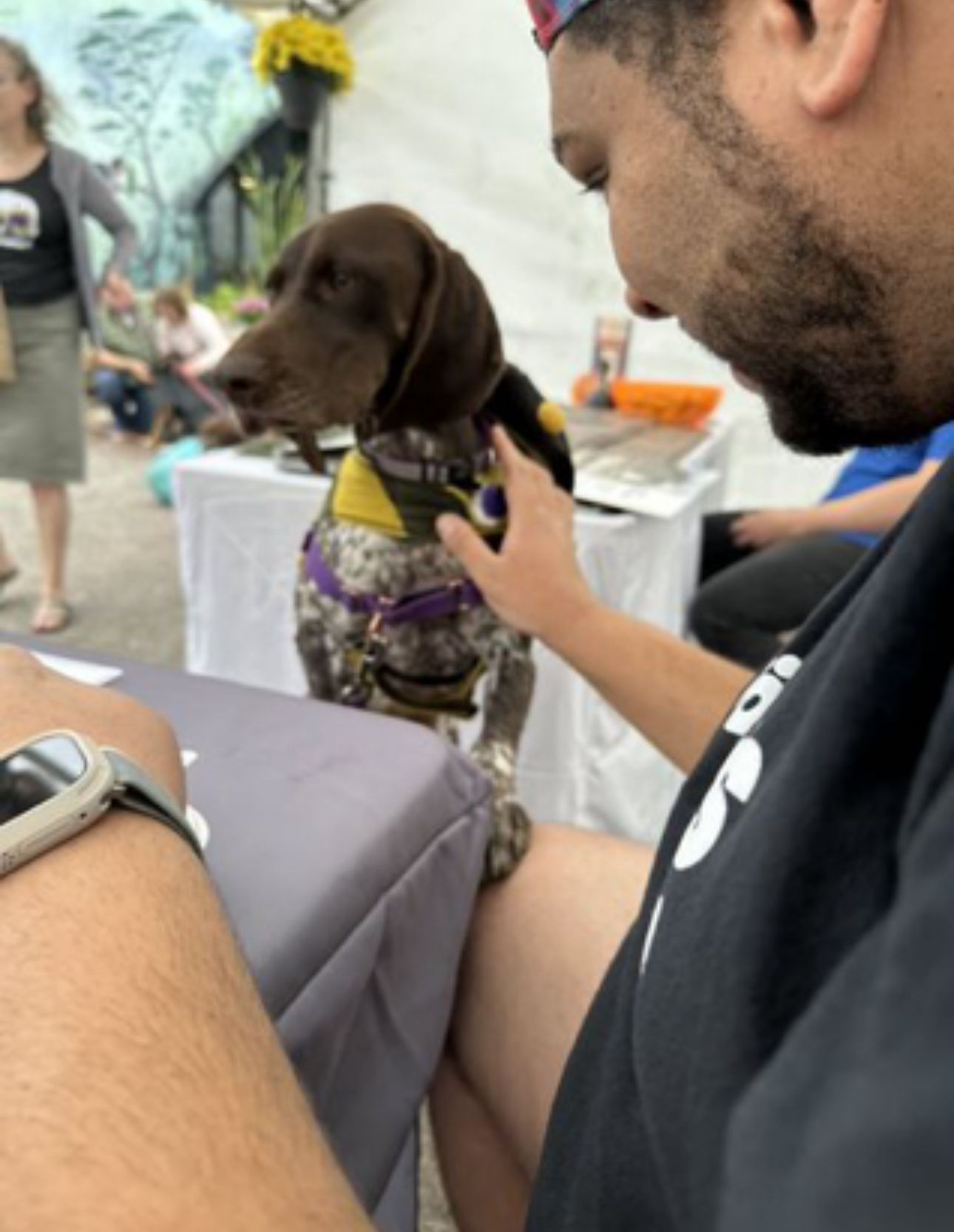 A man is petting a dog while sitting at a table