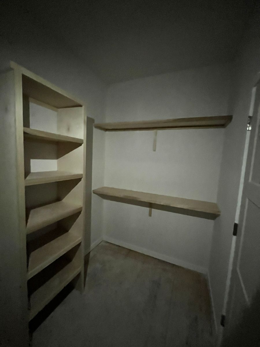 An empty closet with shelves and a door