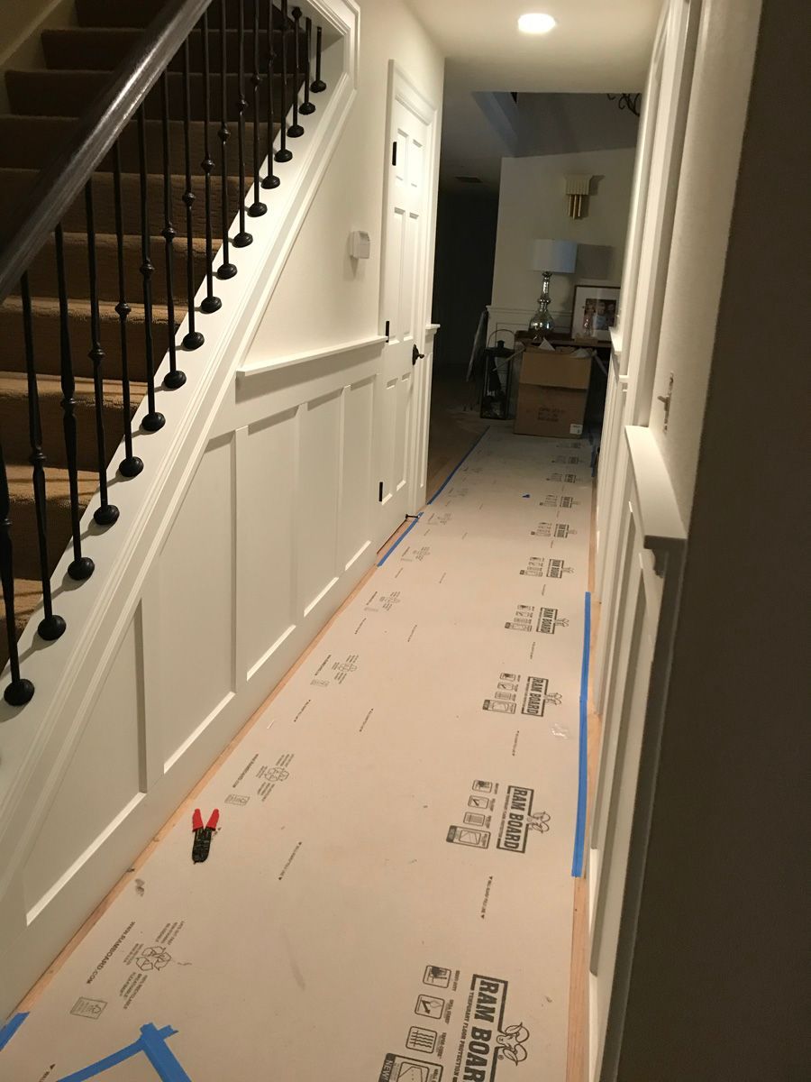 A hallway with a staircase and a carpeted floor