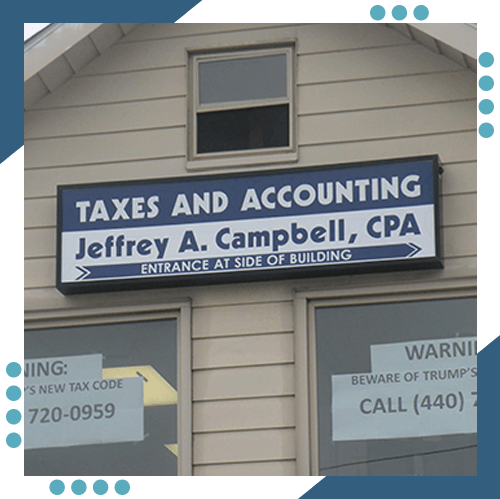 a sign for taxes and accounting jeffrey a campbell cpa
