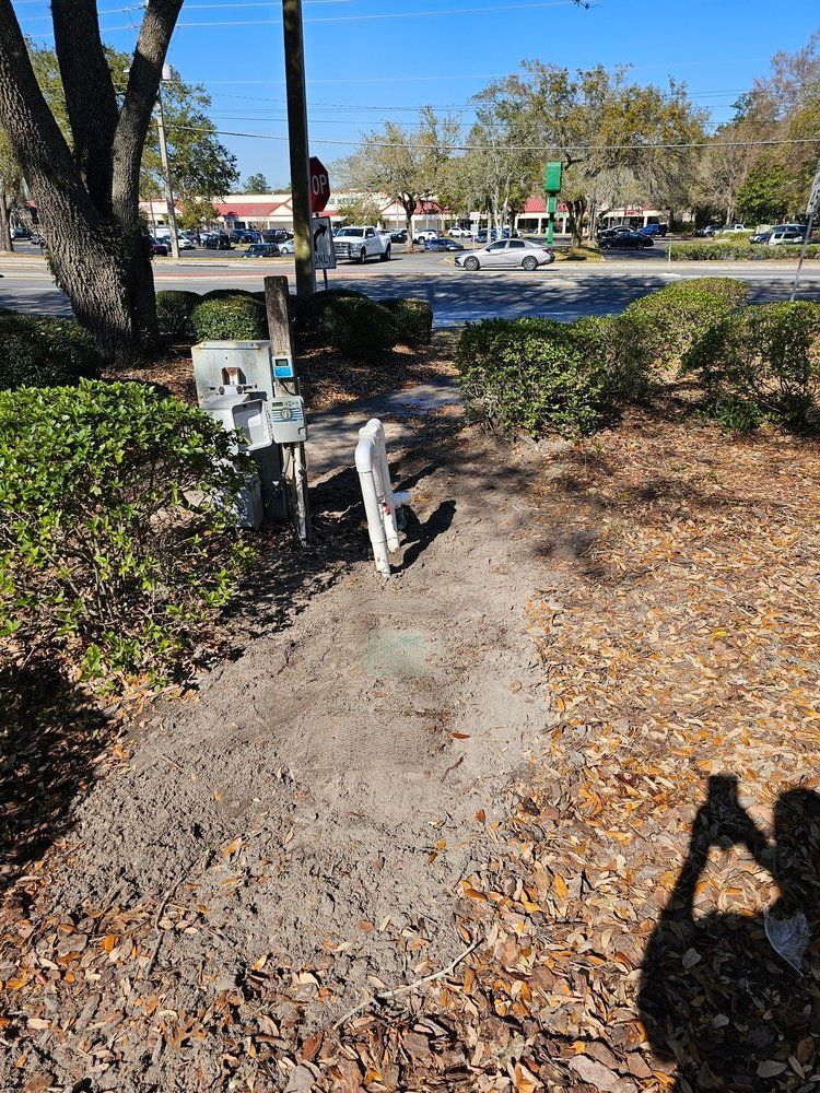 A shadow of a person is cast on the ground in a park.