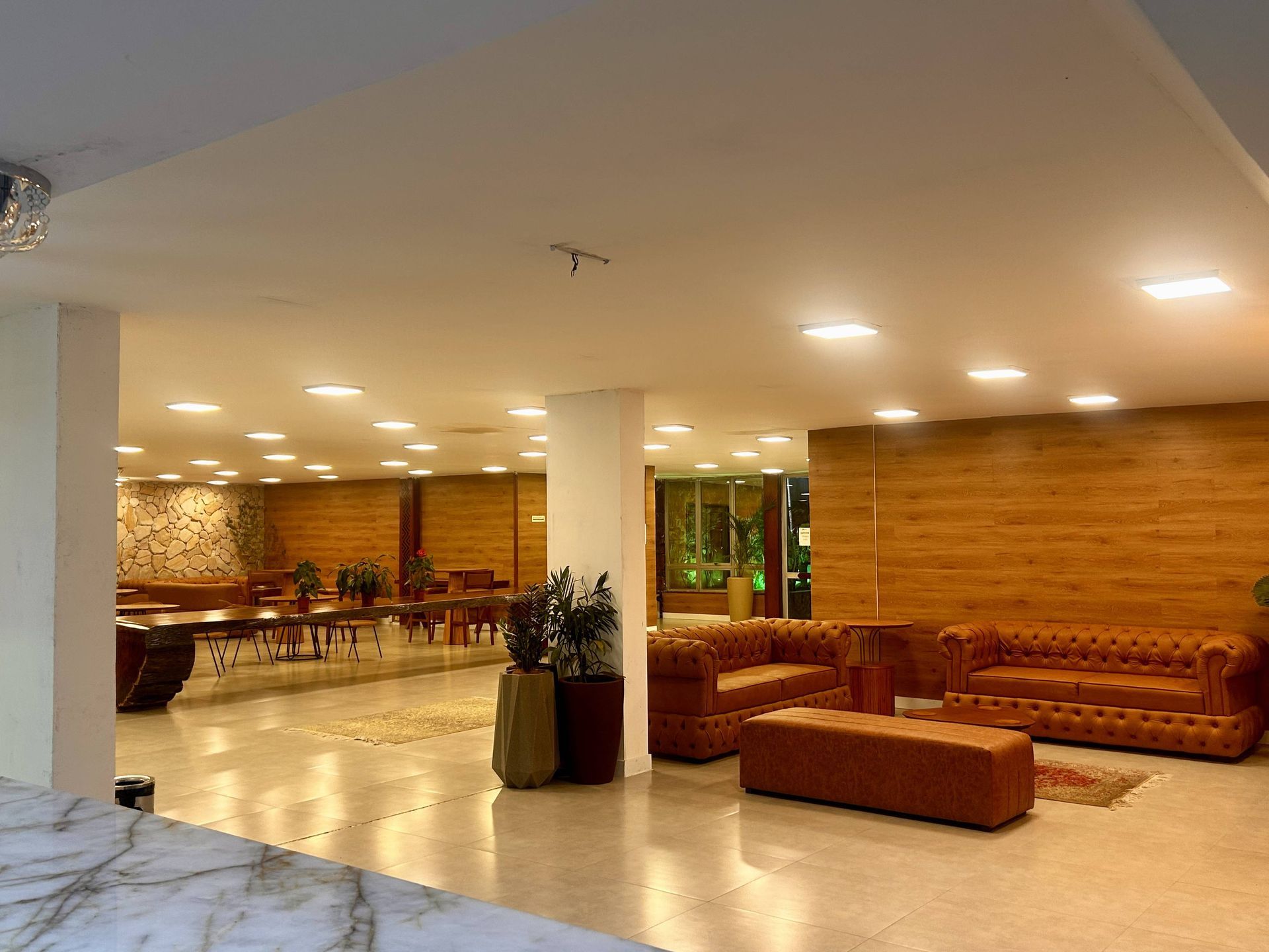 Hall de entrada do hotel com sofás de couro marrom, paredes em tons claros e vista para uma área de estar.