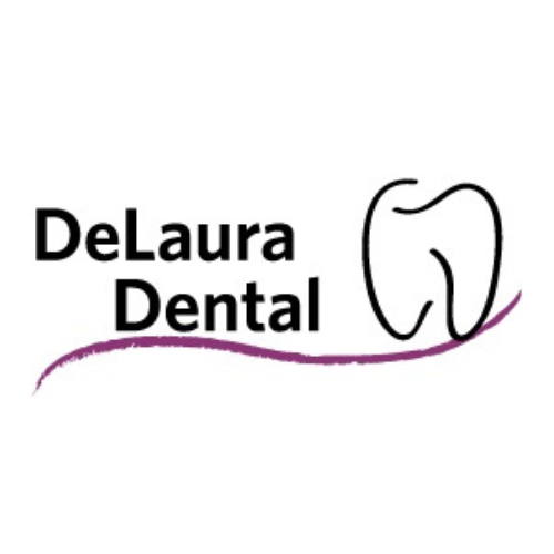 A logo for DeLaura Dental with a tooth on it.