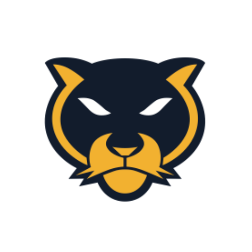 A black and yellow logo of a panther's head.