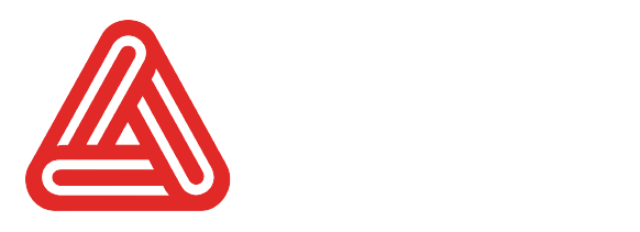 Red triangular logo with intertwined lines.