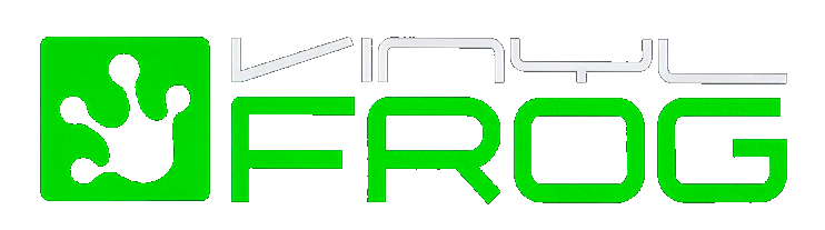 Vinyl Frog logo with a green frog foot in a square and the word