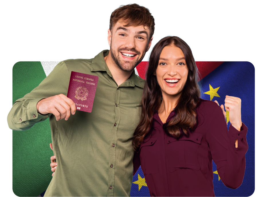 Um homem e uma mulher estão um ao lado do outro segurando passaportes em frente a uma bandeira.