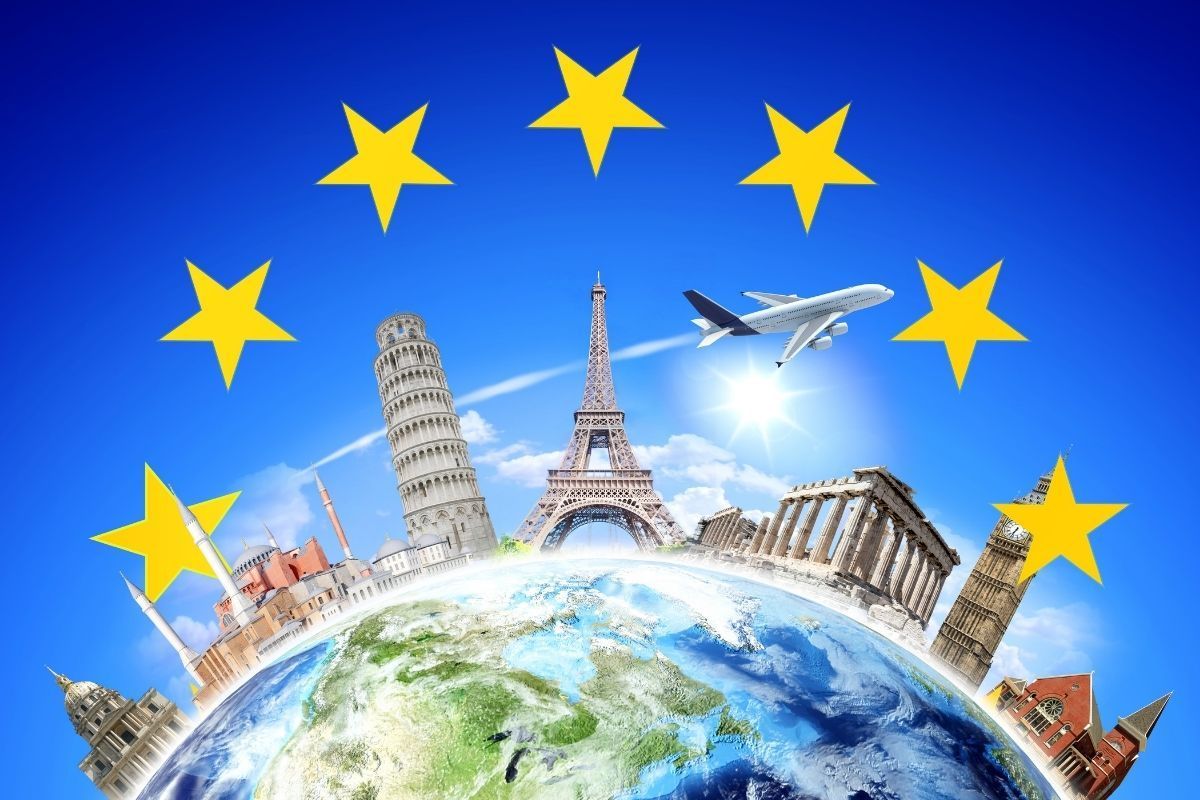 World with European landmarks and airplane, encircled by EU stars, under a blue sky.