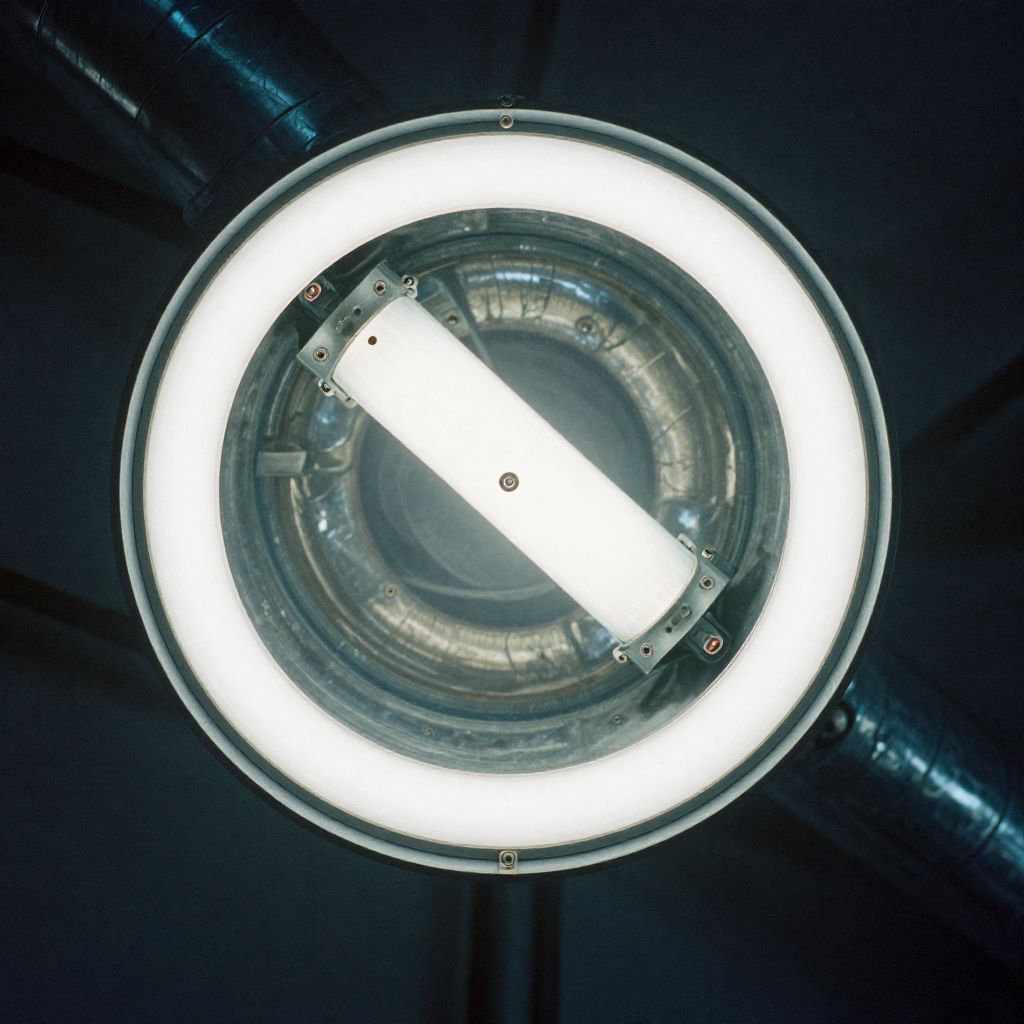 Overhead view of a circular, illuminated light fixture with a central, angled rectangular light, surrounded by metal elements.