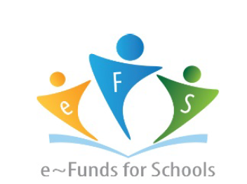 Logo for e~Funds for Schools with stylized figures in yellow, blue, and green above an open book.
