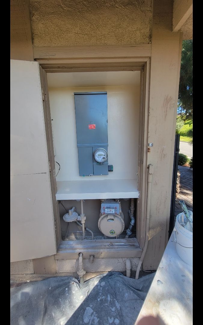 Electrical box and gas meter inside an exterior utility enclosure; partially open door.