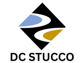 DC Stucco logo: Black diamond shape with blue and gold swooshes; text "DC STUCCO" below.