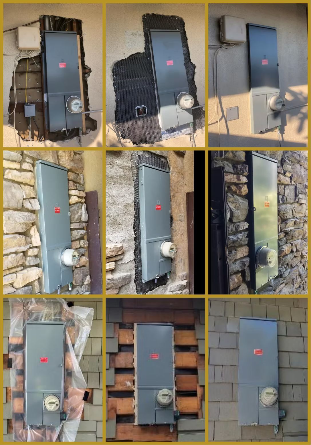 Nine outdoor electrical boxes mounted on various textured walls, each with a meter.