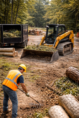 Man rakes debris near a yellow track loader filling a trailer. Logs and trees in the forest setting.