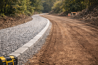 Road construction: newly laid gravel and curb bordering a dirt road curving through a wooded area.