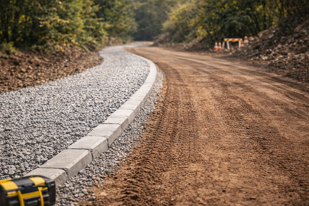 A gravel road under construction, with a curb and a bed of gravel to one side and dirt roadbed on the other.