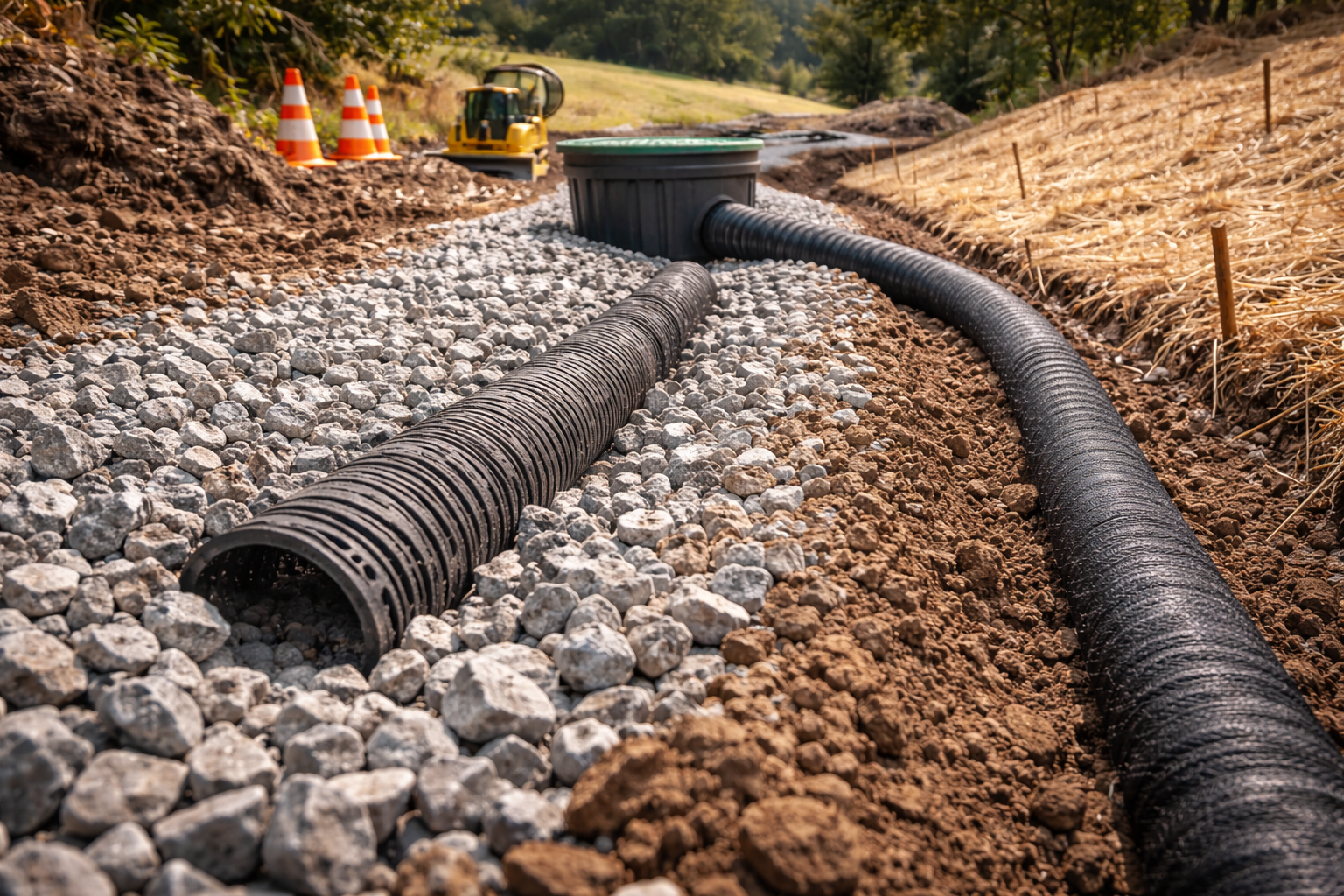 Drainage system installation with black corrugated pipes, gravel, and a dark circular access point in an earthen trench.