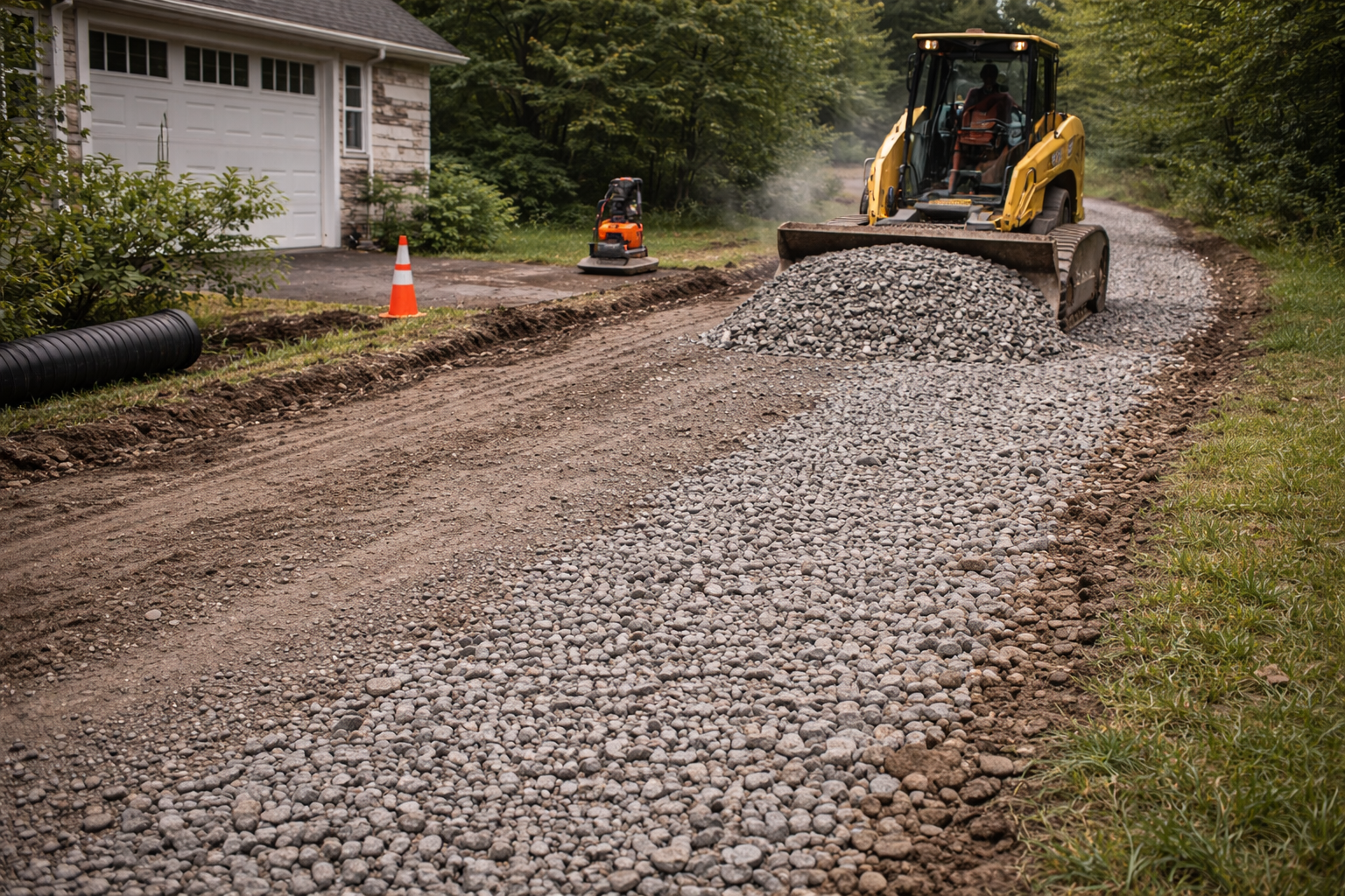 A skid steer placing gravel on a dirt driveway next to a house.